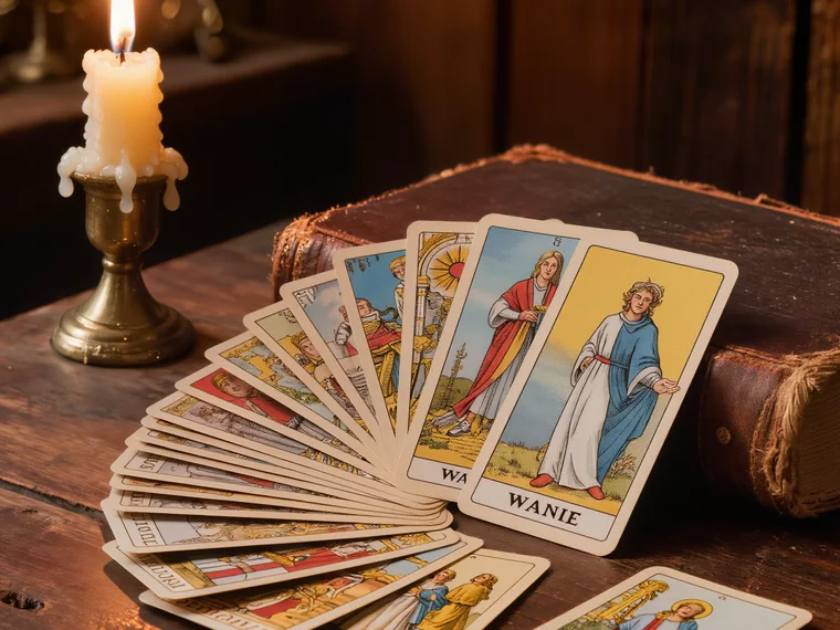 Rider-Waite-Tarotkarten, auf einem rustikalen Holztisch aufgefächert, daneben eine brennende Kerze und ein altes Buch